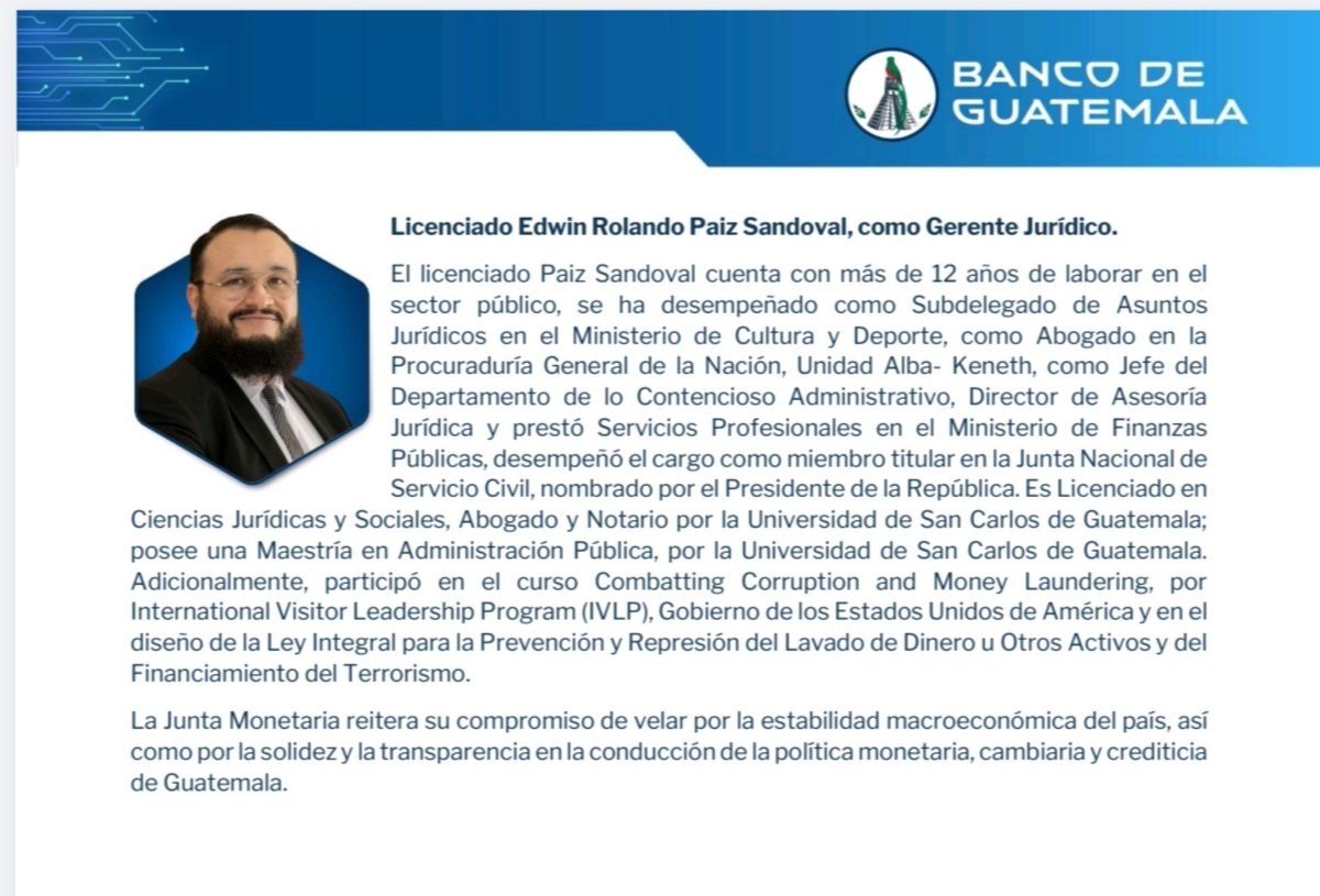 vozdeltuit's tweet photo. #BreakingNews Nuevos nombramientos en Gerencias. Anuncia el Banco de Guatemala. @Banguat https://t.co/pIyxReewV4