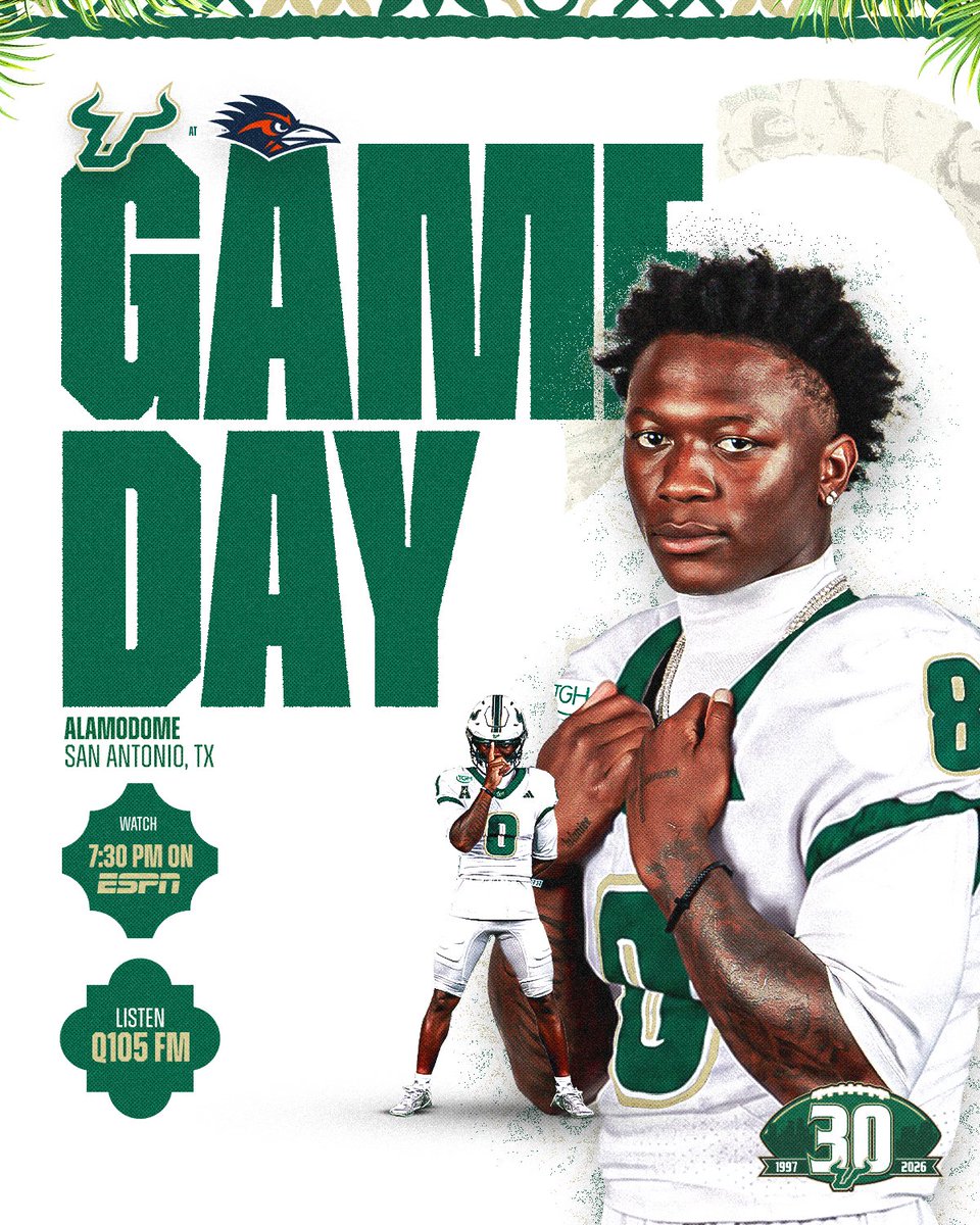 USFFootball's tweet photo. GAME DAY ‼️

📍: Alamodome
⏰: 7:30 PM
📺: @espn 
📻: @MyQ105 https://t.co/GMDlYBA9TT