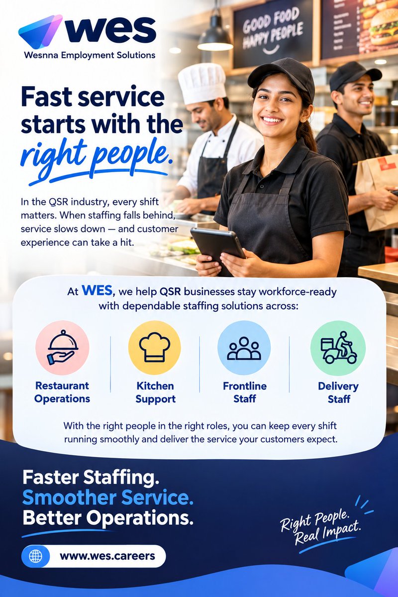 Wes_Employment's tweet photo. Fast service starts with the right people. 🍽️
From restaurant operations to kitchen, frontline &amp; delivery staff, WES helps QSR businesses build a reliable workforce and keep every shift running smoothly.
#WES #QSR #StaffingSolutions #RestaurantHiring #HospitalityJobs https://t.co/vpgMVN2lIF