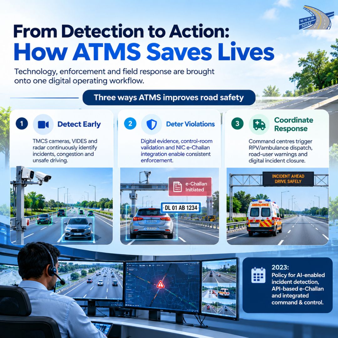 NHAI_Official's tweet photo. Transforming Road Safety Through Technology!

NHAI is leveraging the Advanced Traffic Management System (ATMS) as a technology-driven safety ecosystem that helps detect risks, deter violations and coordinate faster response on National Highways.
Through the integration of TMCS cameras, VIDES, radar systems, e-Challan mechanisms and command-and-control centres, ATMS enables continuous monitoring, timely enforcement and quicker incident response. From identifying unsafe driving and congestion to dispatching emergency services and issuing road-user alerts, technology, enforcement and field response are brought together on a single digital workflow.
By strengthening real-time monitoring and coordinated action, ATMS is helping make National Highways safer, smarter and more responsive for all National Highway users.
@MORTHIndia @PIBMoRTH #NHAI #BuildingANation