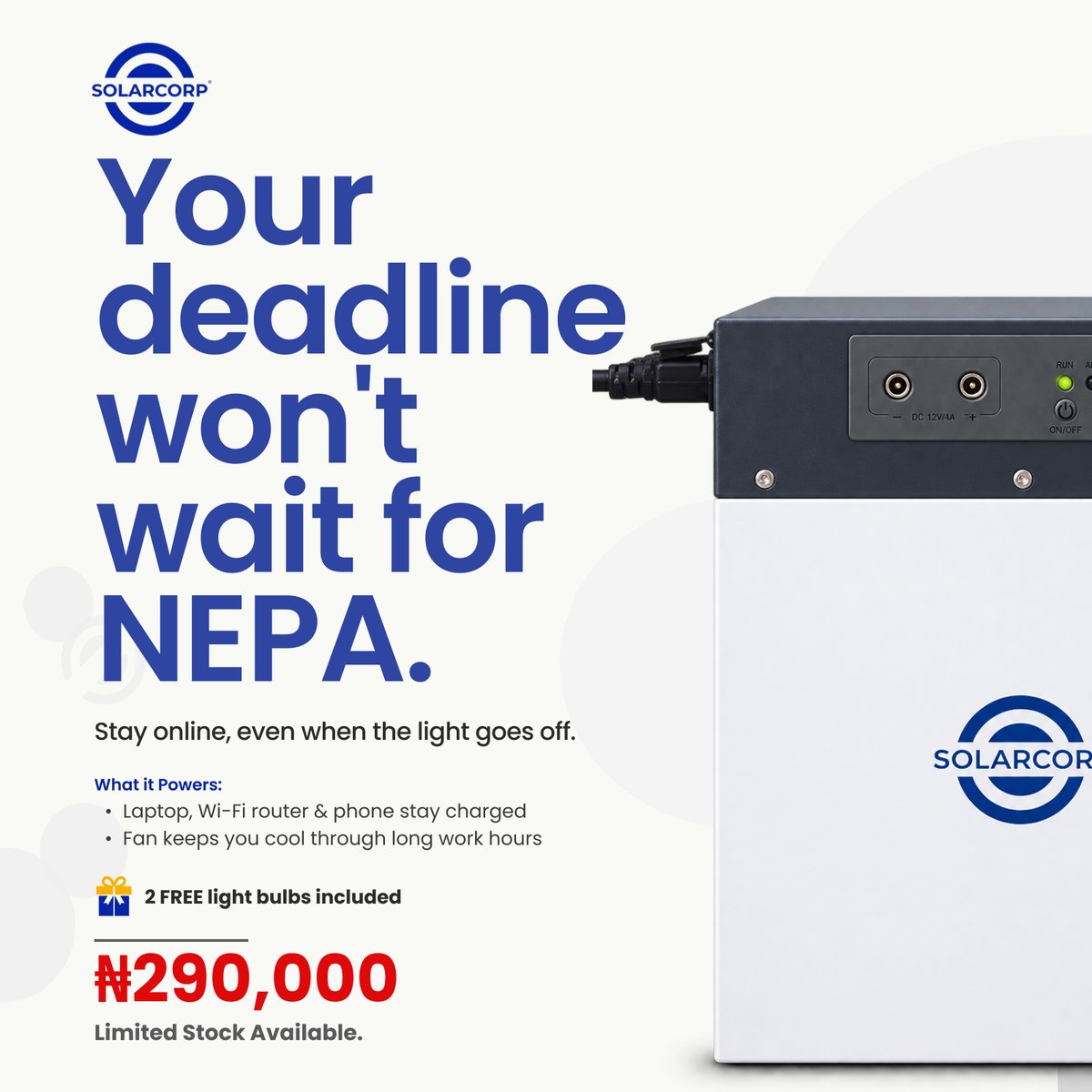 CircoolWeb's tweet photo. Power your 150W fridge, TV, fan, phones, laptop &amp; lights 24/7 with the Solarcorp Power Station.

500W Inverter + 1kWh Battery

🎁 2 FREE Bulbs Included

Just ₦290,000
Limited stock available — order now before it sells out!

T&amp;C applies