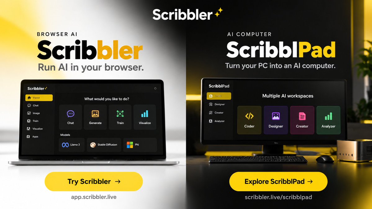 scribblerlive's tweet photo. AI is moving onto your computer.
With Scribbler, run AI directly in your browser. No server. No install. No login.
With ScribblPad, turn an AI-capable PC into a ready-to-use AI computer with workspaces for coding, design, creation and analysis.
#AI #OnDeviceAI #AIPC #LocalAI https://t.co/k5ViopawzV