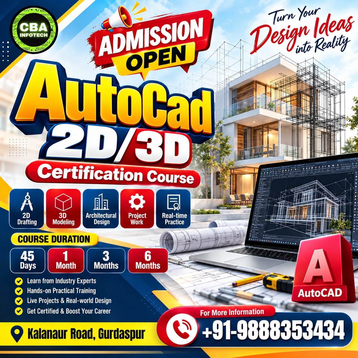 CbaInfotech's tweet photo. 🚀 **Master AutoCAD 2D &amp; 3D with Professional Training!**

Turn your **design ideas into reality** with our industry-focused **AutoCAD 2D/3D Certification Course** at **CBA Infotech, Gurdaspur**. 🏗️💻

✨ **What You’ll Learn:**  
✔️ 2D Drafting  
✔️ 3D Modeling https://t.co/UtdCOymWU0