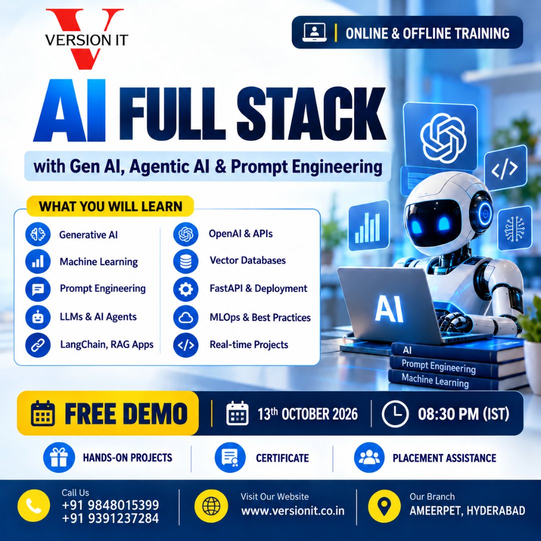 VersionitCloud's tweet photo. 🚀 AI Full Stack Training
Learn Gen AI, Agentic AI &amp; Prompt Engineering with hands-on projects, LLMs, RAG, LangChain, OpenAI APIs &amp; more!
📅 Free Demo: 13th Oct | 8:30 PM IST
📞 +91 9848015399
🌐 https://t.co/hW3SUXhDsF
#GenerativeAI #AgenticAI #AIJobs #VersionIT https://t.co/DH0gf2A9eA
