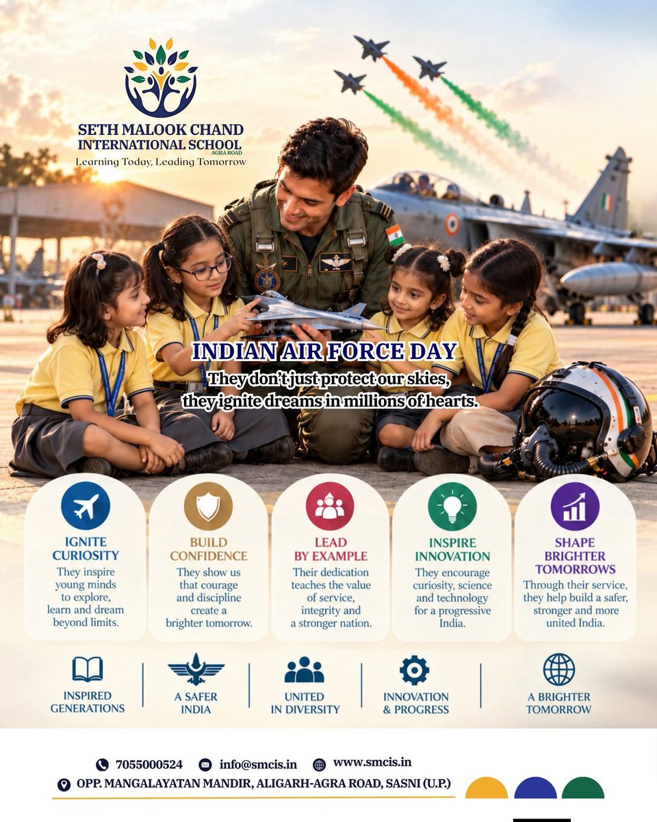 smcisaligarh's tweet photo. A heartfelt salute to the courage, dedication, and sacrifice of our Indian Air Force heroes. 💙🙏
Happy Indian Air Force Day.
#IndianAirForceDay #Smcis #AirHeroes #NationFirst #JaiHind https://t.co/e0l5VSutaX