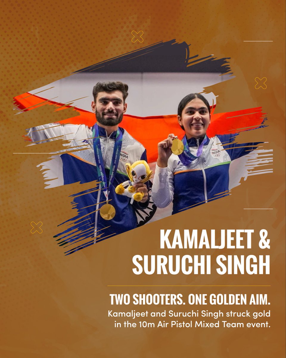 DoPTGoI's tweet photo. Two shooters, one target and a golden finish! Kamaljeet and Suruchi Singh delivered under pressure to win gold in the 10m Air Pistol Mixed Team event.🏅🇮🇳
#UnstoppableBharat https://t.co/6vu5fxVG1K
