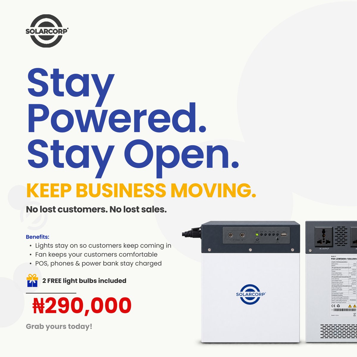 CircoolWeb's tweet photo. Power your 150W fridge, TV, fan, phones, laptop &amp; lights 24/7 with the Solarcorp Power Station.

500W Inverter + 1kWh Battery

🎁 2 FREE Bulbs Included

Just ₦290,000
Limited stock available — order now before it sells out!

T&amp;C applies