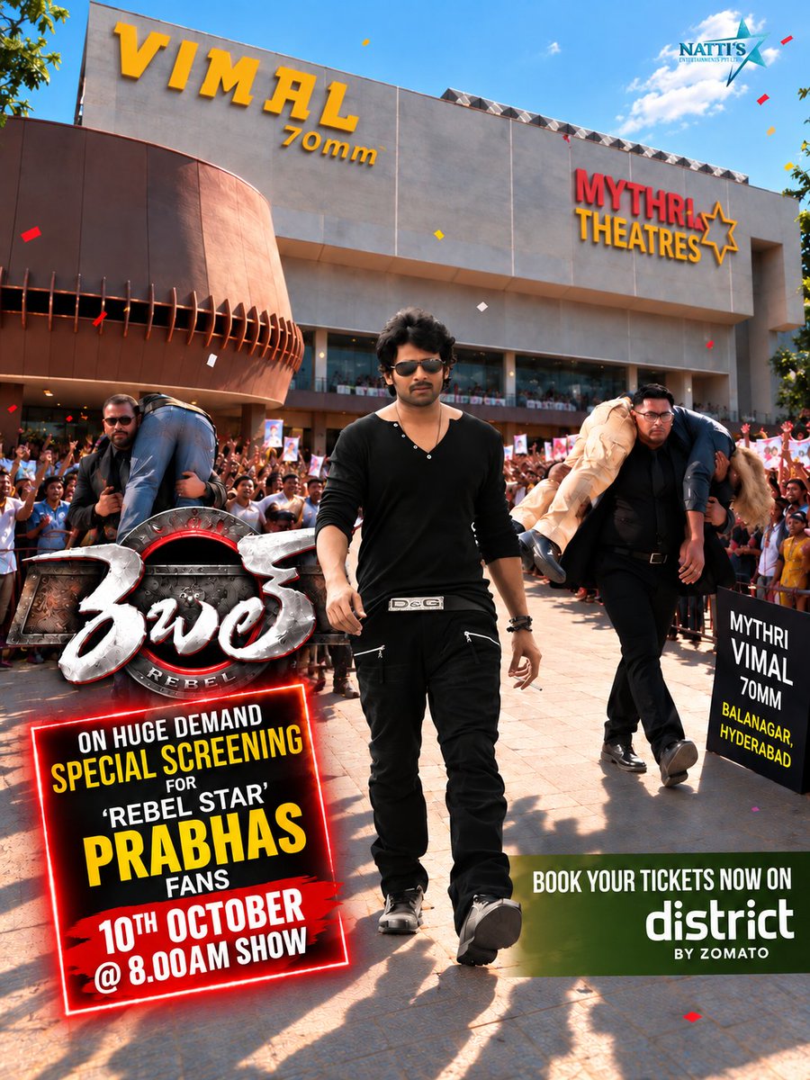 Nattikumar7's tweet photo. REBELLION BEGINS AT VIMAL 70MM! 🔥

The celebration is now set for the #Rebel4K Advance Bookings Open Now 10th October @ 8:00AM SHOW! 💥

NO EMPTY SEATS. ONLY REBEL MANIA! 🔥🔥🔥

#Rebel4K #Prabhas #RebelWood #Vimal70MM #PreBirthdayCelebrations #PrabhasBirthdayMonth https://t.co/gDQTpDxnBV