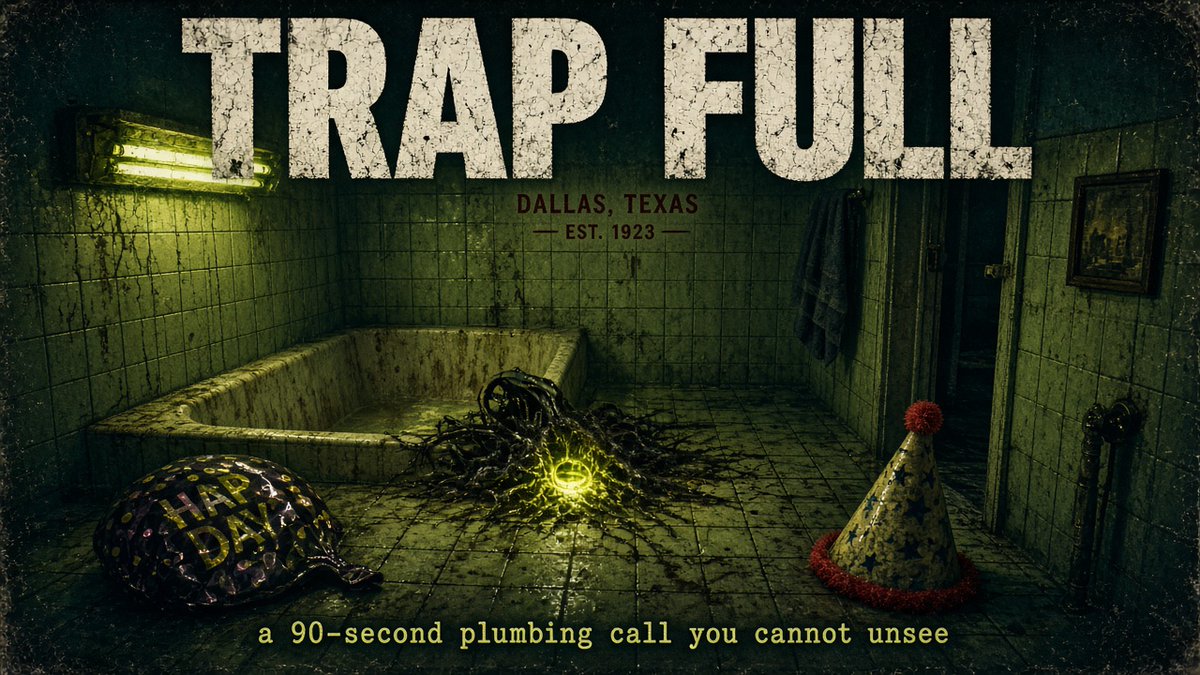 Pipe_Petin's tweet photo. TRAP FULL
a 90-second plumbing call you cannot unsee

birthday party. upstairs bath. they said it was just hair.
the drain named itself Kevin. https://t.co/sb5xxzJcen