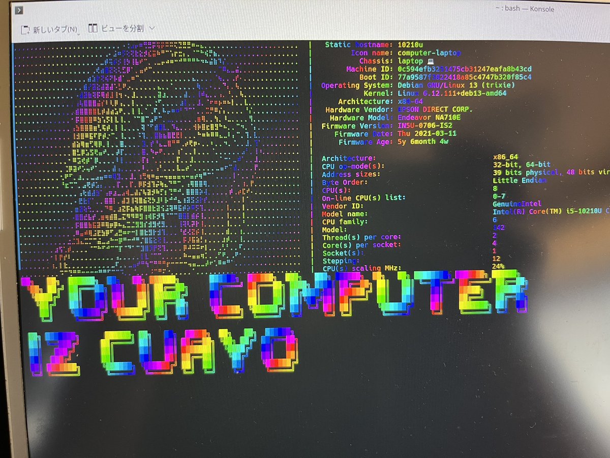 soyaakinohara6's tweet photo. https://t.co/yOhMAnRuSMには隠しスクリプトが保存されており、それにcurl | bashするとPC情報とともに「お前のパソコンチョワヨ！！」っていうゲーミングｽﾋﾟｷのAAが見れる https://t.co/8xUxUxIUst