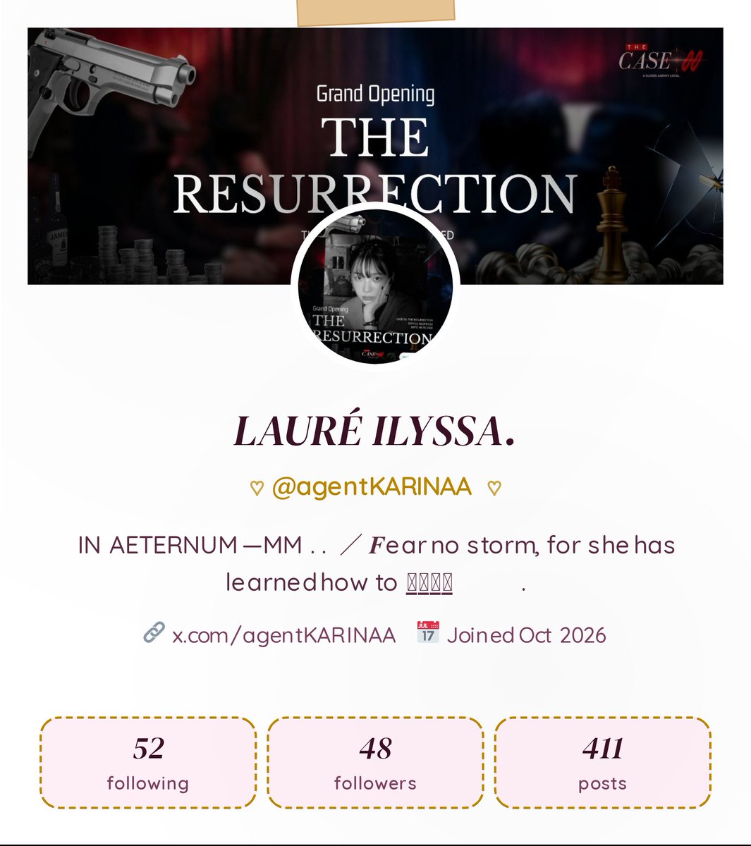 agentKARINAA's tweet photo. @THECASE00 𝗘𝗡𝗧𝗥𝗬 𝗖𝗢𝗡𝗙𝗜𝗥𝗠𝗘𝗗.
Agent V. Lauré Ilyssa #TA-00-020200 has been cleared for entry.

𝗦𝗧𝗔𝗧𝗨𝗦: 𝗔𝗖𝗧𝗜𝗩𝗘 https://t.co/LlyE0Rwcj6