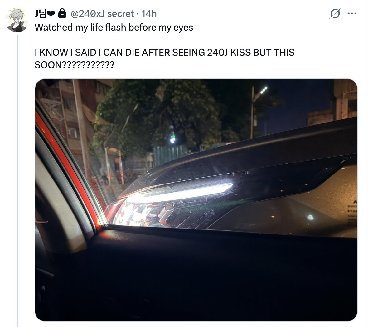 240cej's tweet photo. i got into a car crash last night and the first thing i tweeted on priv was about 240J kissing https://t.co/j0raVZBDFr