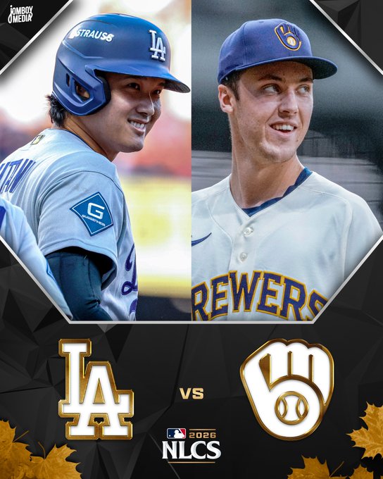 A promotional graphic by Jomboy Media for the 2026 MLB NLCS featuring a Dodgers player in a blue LA helmet and a Brewers player in a navy cap, with their team logos displayed below.