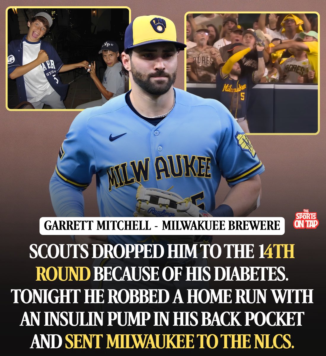 thesportsontap's tweet photo. Tonight Garrett Mitchell reached over the wall in center field and took a home run away from the San Diego Padres.

He did it with an insulin pump in his back left pocket.

He fell to the 14th round out of high school because of what is in that pocket.

Start in the third grade.

He told his mother he did not feel well. He was going to the bathroom about once an hour and his stomach hurt.

Shannon Van Dyke had her son's blood sugar tested. A healthy number is around 80. The meter would not give her a number at all. It just read HIGH. The real figure was over 600.

"I remember my heart dropping, being afraid, and not knowing what to do or what our future looked like."

He got the pump at 10. She began setting an alarm for 2 or 3 in the morning to test him while he slept. She has said those years felt like having a newborn.

He kept playing. He carried a bag everywhere with snacks, insulin and sugar in it.

By his senior season at Orange Lutheran High School in California he was one of the best young outfielders in the country, and scouts had him going somewhere in the first three rounds.

He went in the 14th. The Oakland Athletics took him.

His coach at UCLA, John Savage, said the diabetes hurt his draft value. There were, in his words, lingering questions about it.

His agent Scott Boras later put a number on what it cost. Without the condition, Boras said, Mitchell could have been a top 5 pick.

So he turned the Athletics down and went to UCLA instead.

In three seasons there he hit .327. He hit 15 triples, second most in the history of that program, and his 12 in 2019 set a UCLA record and led all of college baseball.

In June of 2020 the Milwaukee Brewers took him 20th overall in the first round. He signed for $3,242,900.

"My hands were shaking."

Now here is the part that tells you what this actually costs him.

On September 13 of this year, Milwaukee took him out of a game in the middle of the afternoon. He was not injured.

"We took him out precautionary. He had high blood sugar."

His manager Pat Murphy added that it happens a lot going from a night game to a day game, and that the team keeps working on it.

That was three and a half weeks ago.

Tonight he robbed a home run in a game San Diego had to win, and Milwaukee is going to the National League Championship Series.

His mother once described the pump like this.

"You will notice it in his back left pocket. It never leaves his body, even when he's playing."
