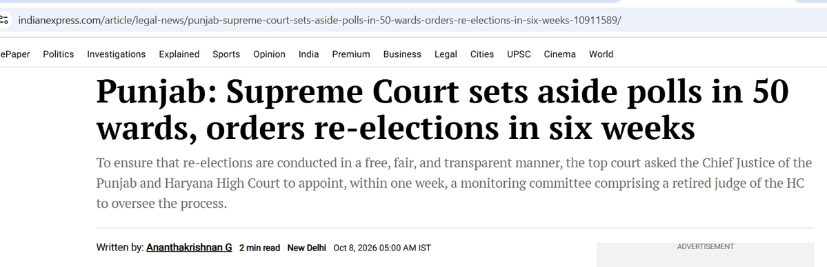 AbhishBanerj's tweet photo. Biggest news of the day

Don't let it go unnoticed

Supreme Court has canceled local body election results in 50 wards across Punjab

Because it found polls were not free and fair

Local body polls in Punjab done by *State Election Commission* appointed by liberal govt

You will see outrage on random rumors but not this...