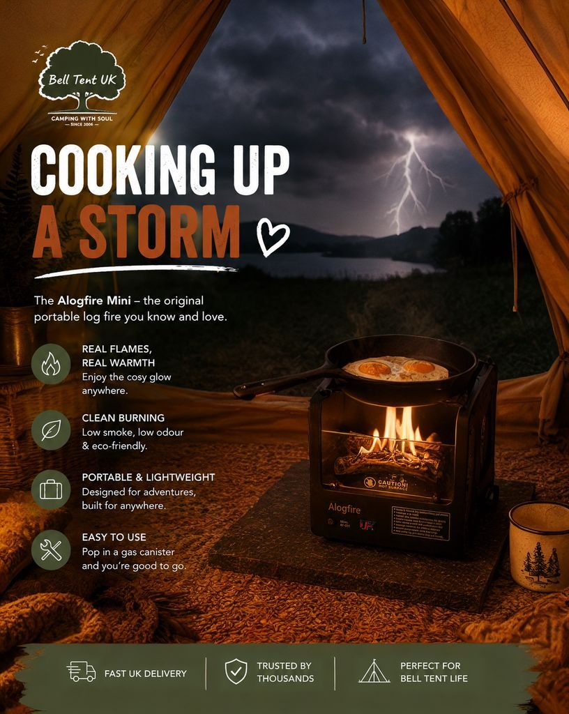 belltentuk's tweet photo. Stormy skies, warm glow, simple camp cooking. Meet the Alogfire Mini portable log fire. https://t.co/LywIdA3Uah https://t.co/Y7YdmbujWT
