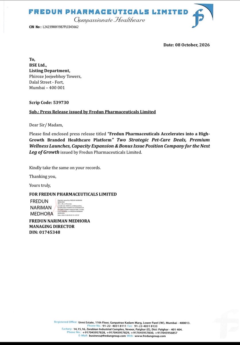 ZenFlowFinance's tweet photo. Imagine telling your board you’ll go from an OEM-led business to 100% own brands by 2029. Fredun Pharma just said it out loud.

Revenue and profit doubling in 3-4 years is the target. Here’s what’s already in motion:

→ 26% of Goodman Vetcare at a ₹300 cr valuation. It runs 3 pet pharmacies today, with at least 8 more planned and ~₹100 cr revenue targeted by FY31.
→ Furlicks, bought from USV. It goes from 6 SKUs to 22 over the next 6-9 months.
→ WAGR, the platform meant to tie pet brands, pharmacies and services together.
→ Palghar: a ~40,000 sq ft block goes live this month, with 50,000 more planned.
→ Fredun Gx is going after 500+ SKUs in Tier 2-4 cities, and the export base already covers 53 countries.
→ The share count went from 55.13 lakh to 1.65 crore after the 1.10 crore bonus shares.

Pivoting from OEM to brands is the right idea. It’s also the hardest one in pharma to pull off.

Three stores aren’t an ecosystem yet, and brands burn cash before they earn it.

The next few quarters will tell us whether this is a re-rating or just a well-written press release.

At Zenflow Finance, we track what actually moves markets.