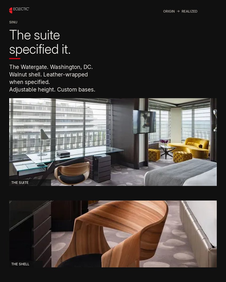 Eclecticfacts's tweet photo. the suite specified it.
the watergate. washington. sinu, in the room that does not take a meeting.
walnut shell. leather-wrapped when specified. adjustable height. custom bases.
#sinu #thewatergate #washingtondc #eclectic #originrealized #specifiedforhospitality #custombases #hospitalitydesign #interiorarchitecture #contractfurniture
