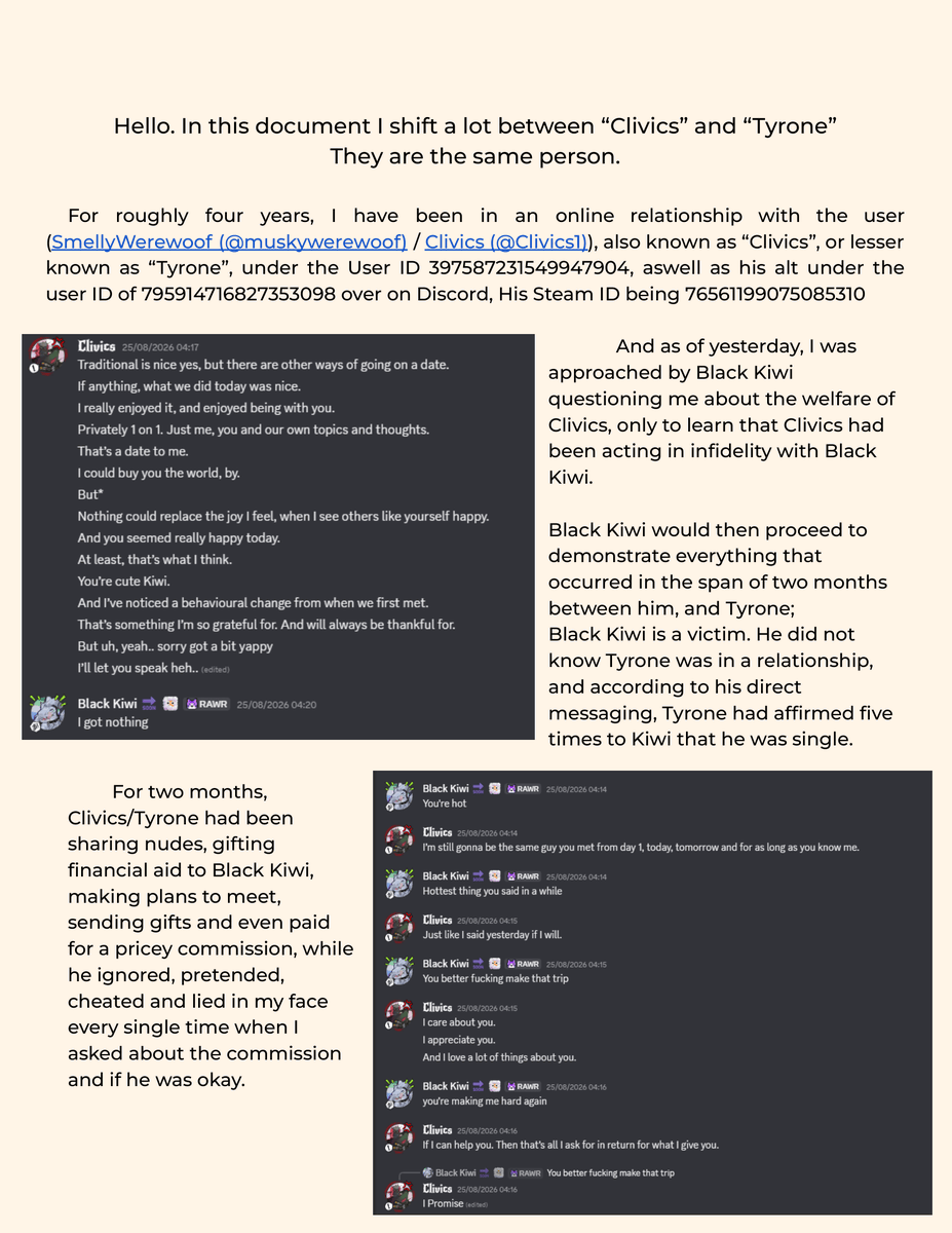 KiwiAfterhours's tweet photo. After careful revision with the affected party, I've decided to make this known and explicit for everyone to see.

These are the pages written by "Infamy", in which they were made to expose Clivic's Cheating Scandal which i was unfortunately a victim of.

More information is+ https://t.co/3iUquXj1ky