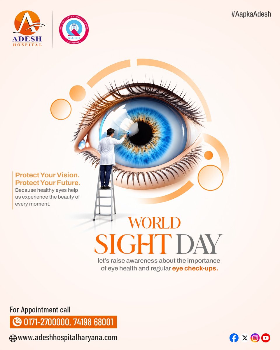 AdeshHospital's tweet photo. World Sight Day

Protect Your Vision, Protect Your Future!

Healthy eyes, brighter tomorrow! Let's spread awareness about regular eye check-ups and early detection of vision problems.

Together. We. Care.❤️

#WorldSightDay #AdeshHospitalHaryana #EyeHealth #VisionCare #AapkaAdesh https://t.co/cRsFrvzb27