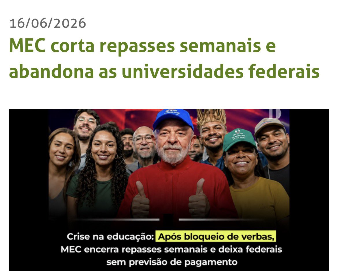 Alexmorettibr's tweet photo. A faculdade pegou fogo por causa da situação precária de abandono. Governo Lula 

Vale ressaltar que o Ministério da Educação do Governo LULA encerrou o cronograma de repasses semanais às universidades federais após o governo Lula bloquear R$ 1,6 bilhão do orçamento da pasta. Noticia de julho de 2026