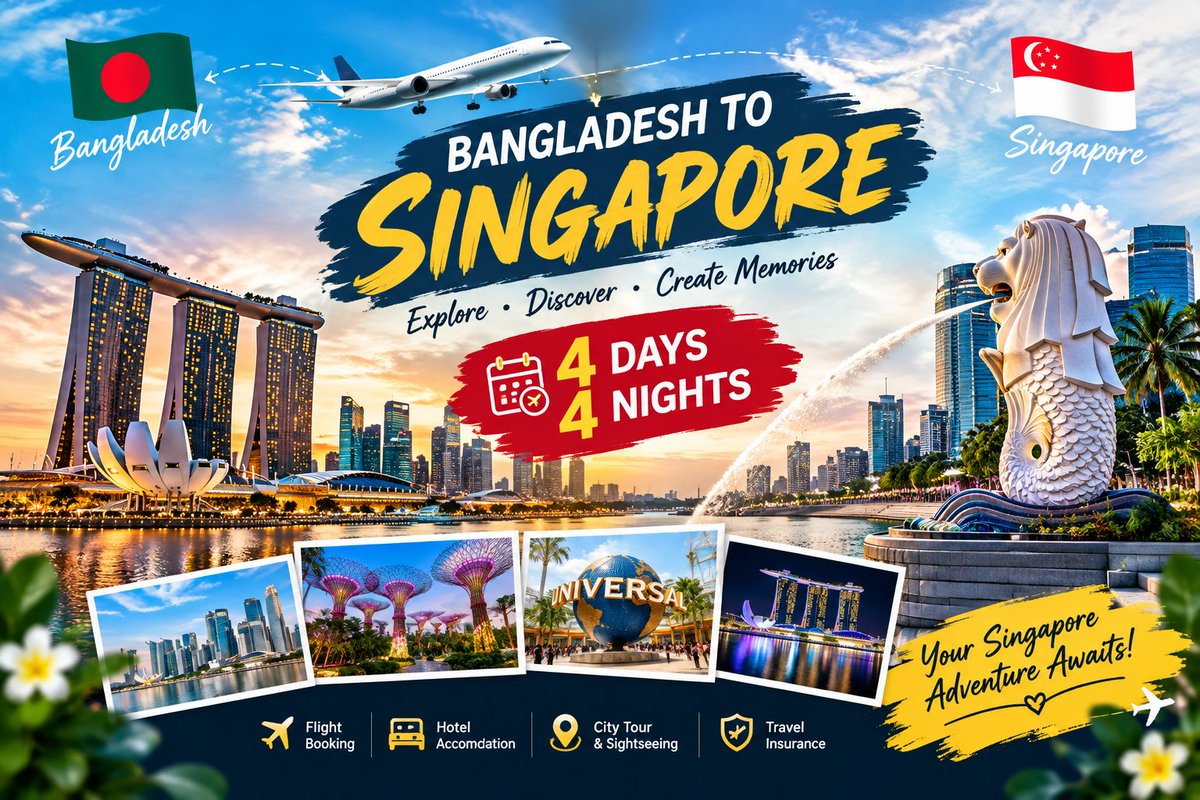 SubasTiggasST's tweet photo. ✈️🇧🇩 Bangladesh to Singapore 🇸🇬 🌏✨

🗓️ 4 Days &amp; 4 Nights 🏨
🌆 Explore Singapore’s stunning cityscape
🦁 Visit the iconic Merlion
🌳 Discover Gardens by the Bay
🎢 Enjoy Universal Studios
📸 Create unforgettable travel memories! ❤️
👉 Pack your bags and get ready for an amazing https://t.co/uHYlX0BbTg