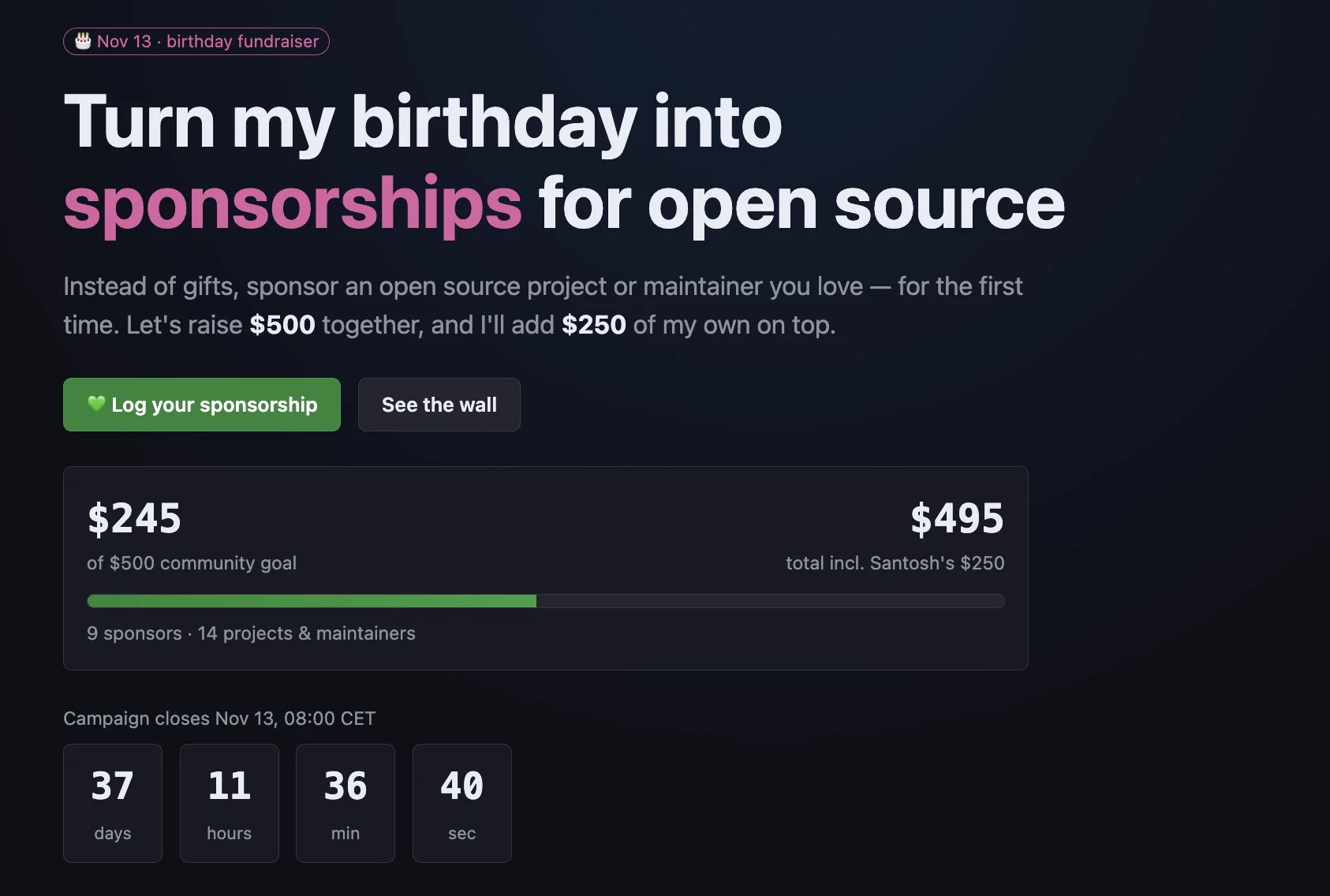 OSS Birthday Fund progress: $245 of the $500 community goal, $495 total including Santosh's $250. 9 sponsors, 14 projects and maintainers. Campaign closes Nov 13, 08:00 CET.