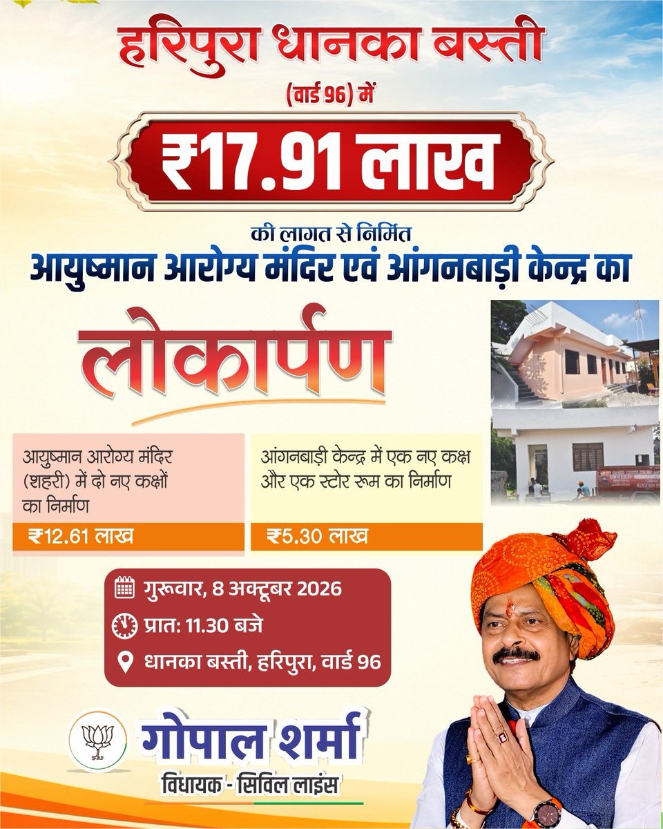 khushiverma90's tweet photo. हरिपुरा धनका बस्ती, वार्ड 96 में ₹17.91 लाख की लागत से आयुष्मान आरोग्य मंदिर एवं आंगनबाड़ी केंद्र का लोकार्पण।
🏥 2 नए कक्ष
👶 आंगनबाड़ी में नया कक्ष व स्टोर रूम
विकास और जनसेवा का संकल्प निरंतर जारी।
#GopalSharma #CivilLines #Ward96 #Jaipur #Vikas https://t.co/aUmAFkHoCK