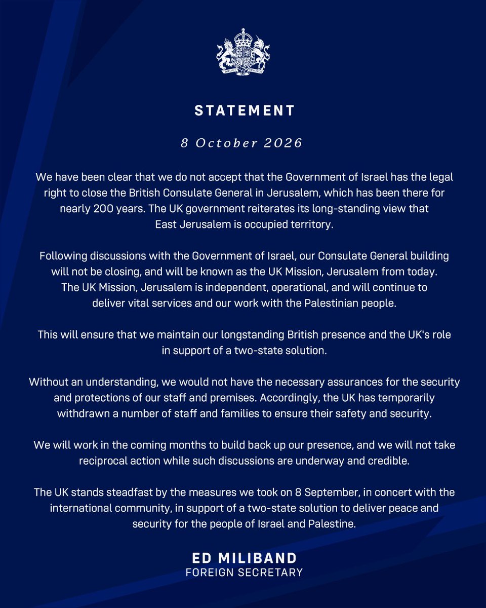 Ed_Miliband's tweet photo. We retain our long-standing presence in Jerusalem. My statement: https://t.co/ABnaopUBwU