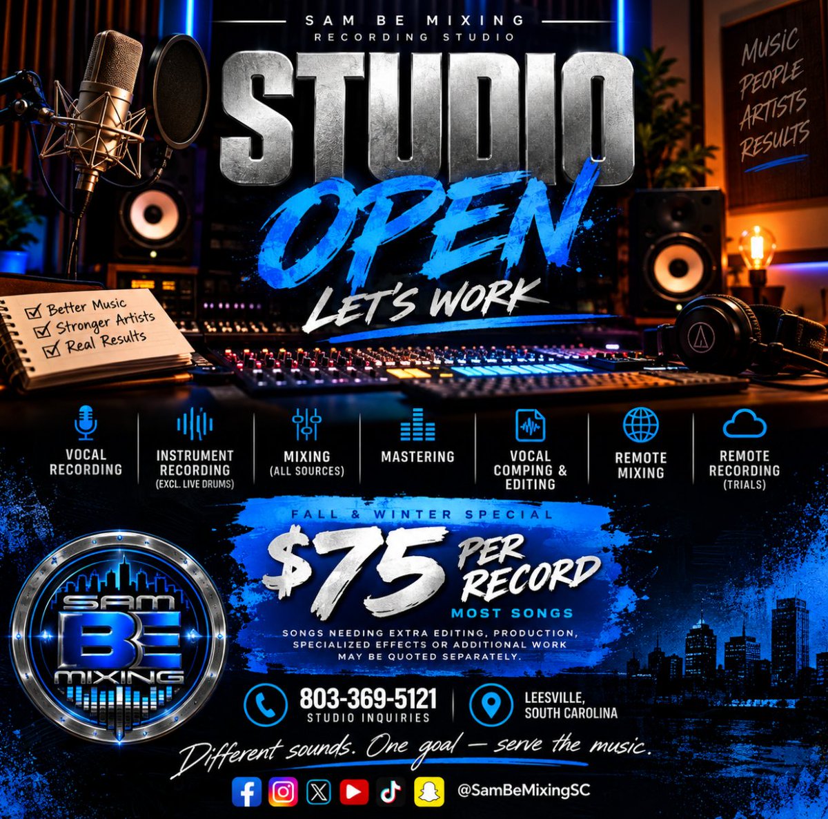 sambemixing's tweet photo. 🎚️ Weekend coming up! Got a record that needs mixing or mastering?
🍂❄️ Fall & Winter Special: Most songs $75 per record!
🎤 Recording • Mixing • Mastering
🎵 All genres
📲 @SamBeMixingSC
#SamBeMixing #SCMusic https://t.co/Frz0TV6YoR