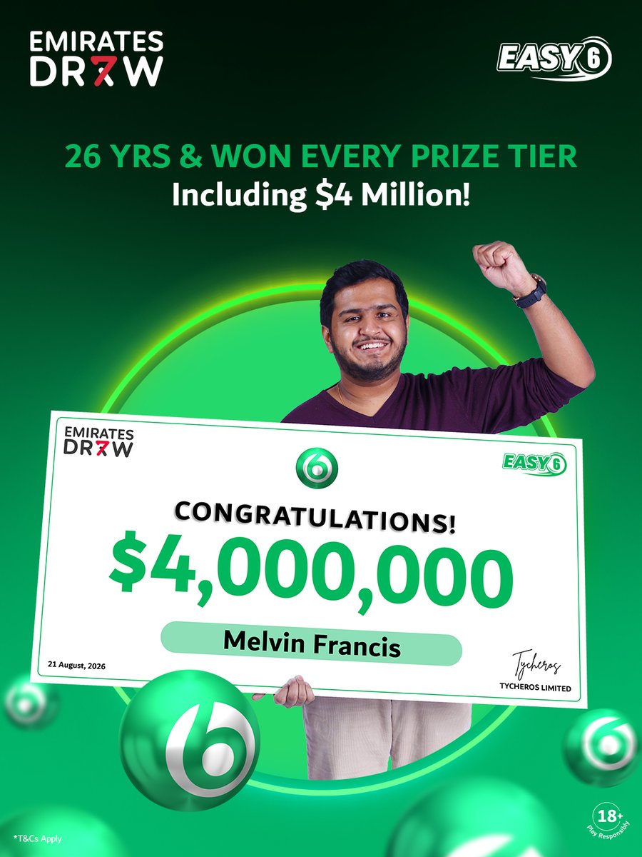 emiratesdraw's tweet photo. He pressed the same button you do.
Five of 11 tickets won! 💚
There’s more to Melvin’s story. Watch now. 👀
#EmiratesDraw #GrandPrizeWinner #India #EDEASY6 https://t.co/Zvla8IvZgj