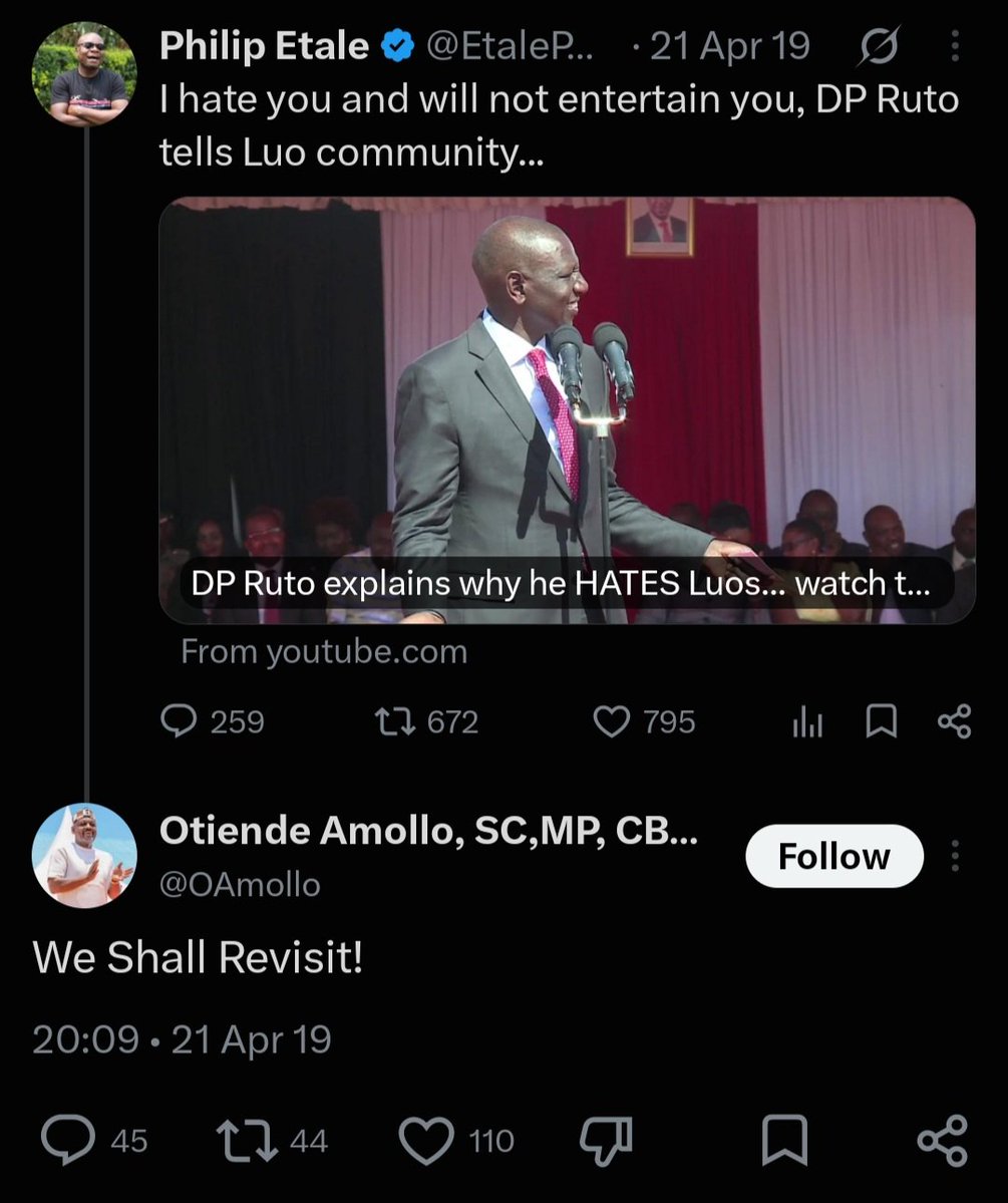 JaphethOtieno01's tweet photo. DP Ruto explains why he HATES Luos....
Thank you uncle Etale @EtalePhilip for this. 

 Senior Counsel @OAmollo. We shall revisit! https://t.co/Pl3zapJtVu