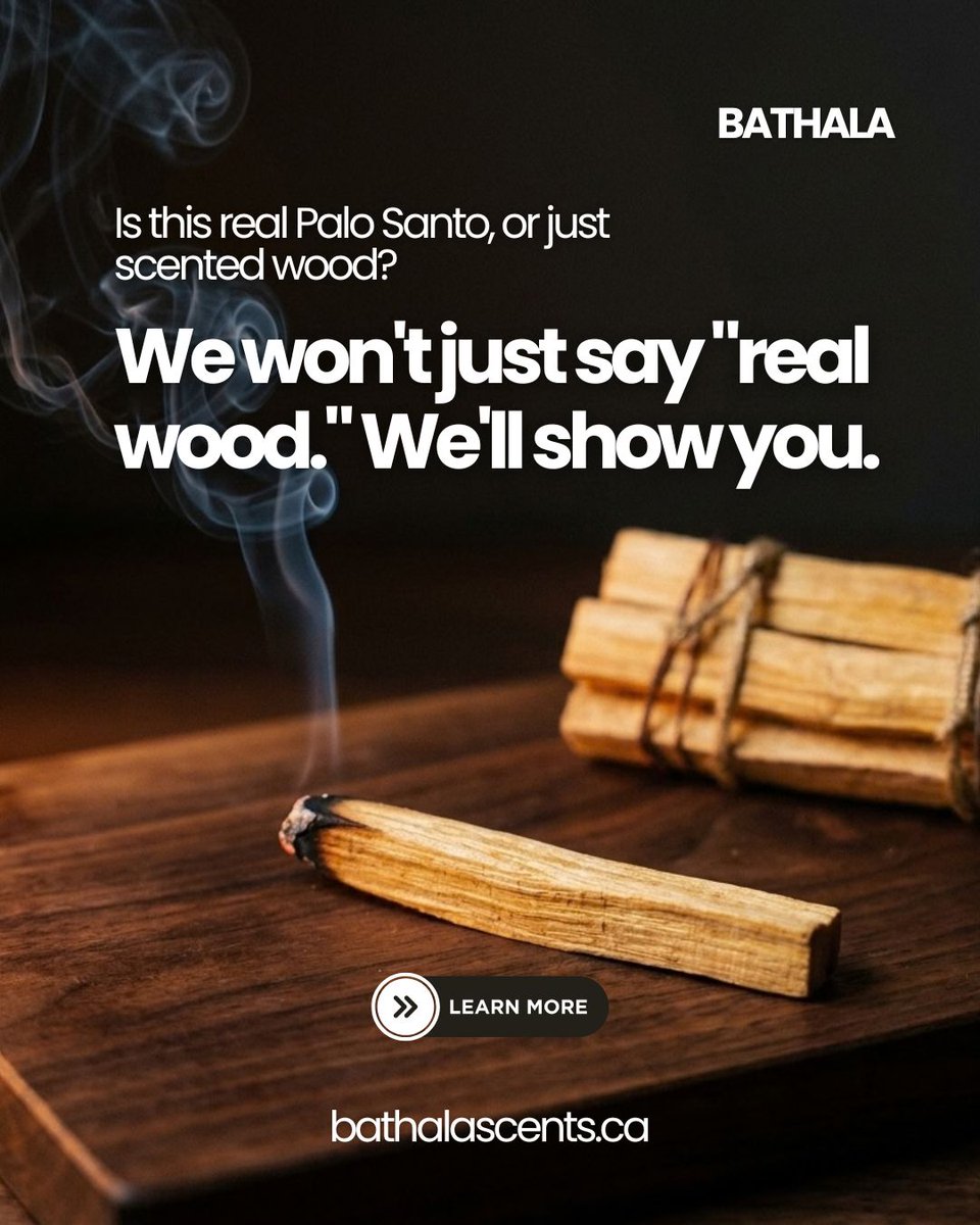 BathalaScents's tweet photo. Is it real Palo Santo, or just scented wood? Real grain. Real bark edge. No two sticks match. Warm, sweet, woody smoke for slowing down after a long day. Ask us where it comes from. Find it in-store in Winnipeg or online.

 #bathalascents #LocalWinnipeg #WinnipegWellness https://t.co/OPGtz7PD4l