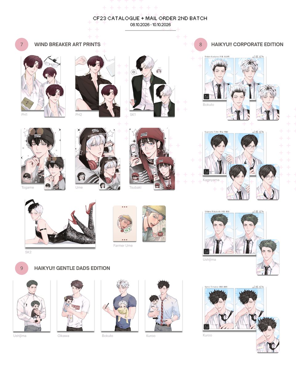 eithazu's tweet photo. ↻+♡ are appreciated

hii, #CF23 PO catalogue batch 2 by @eithazu is here!

• Oct 8 - Oct 11 (FAST PO)
• Art print, pin, and sticker only 
• Pick up (both days) + mail order
• Haikyuu, Naruto, &amp; Wind breaker

Link below ⬎  #cf23catalogue #comifuro23 https://t.co/ZMiZdYbx5y