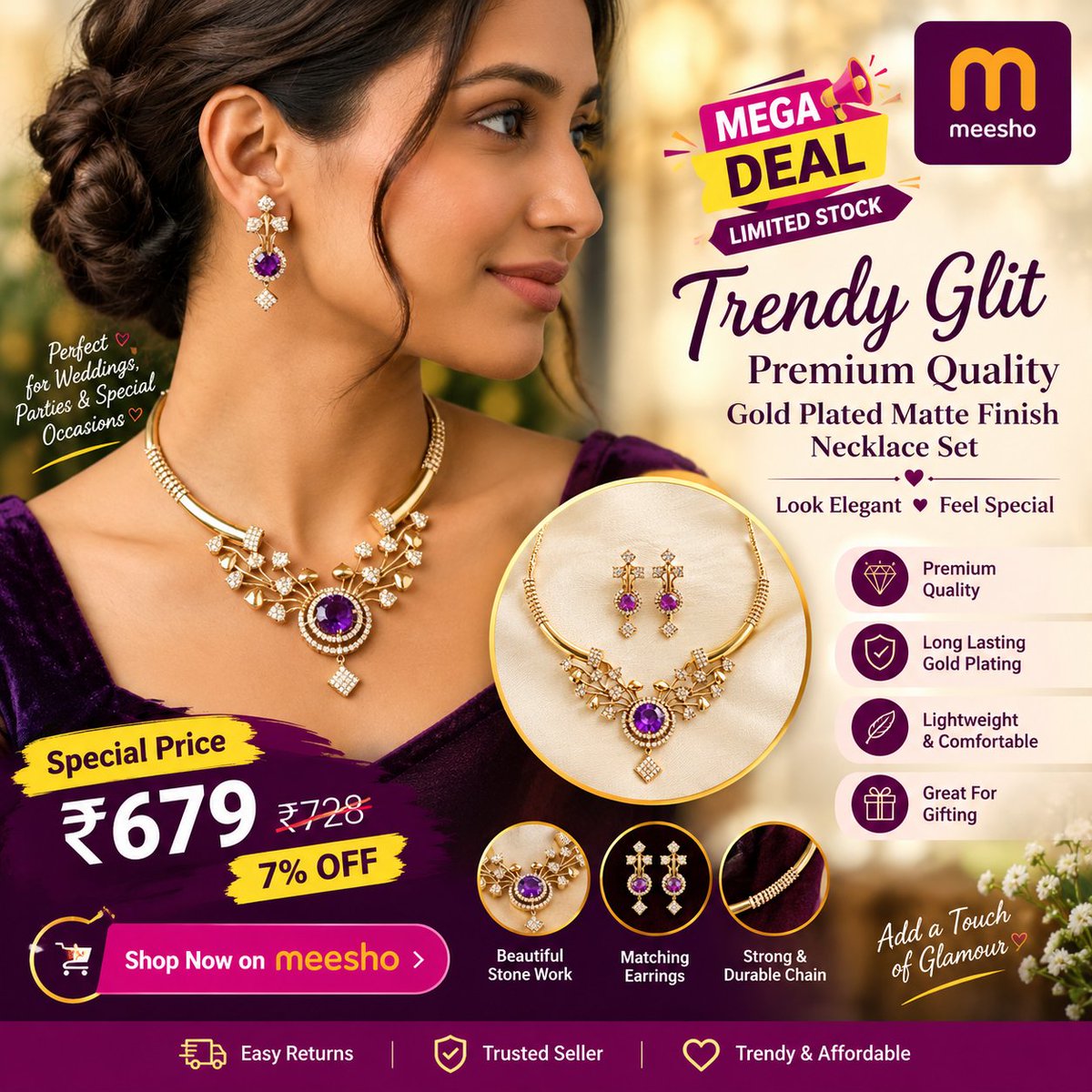 satya52888's tweet photo. Trendy Glit Gold-Plated Necklace Set π Link π
πhttps://t.co/59fq01Lx1k
gold plated necklace set, trendy necklace set, jewellery set for women, purple stone necklace, bridal jewellery
#MeeshoDeals #NecklaceSet #GoldPlatedJewellery #JewelleryForWomen #trendingjewellery https://t.co/JlF1e3uMEi