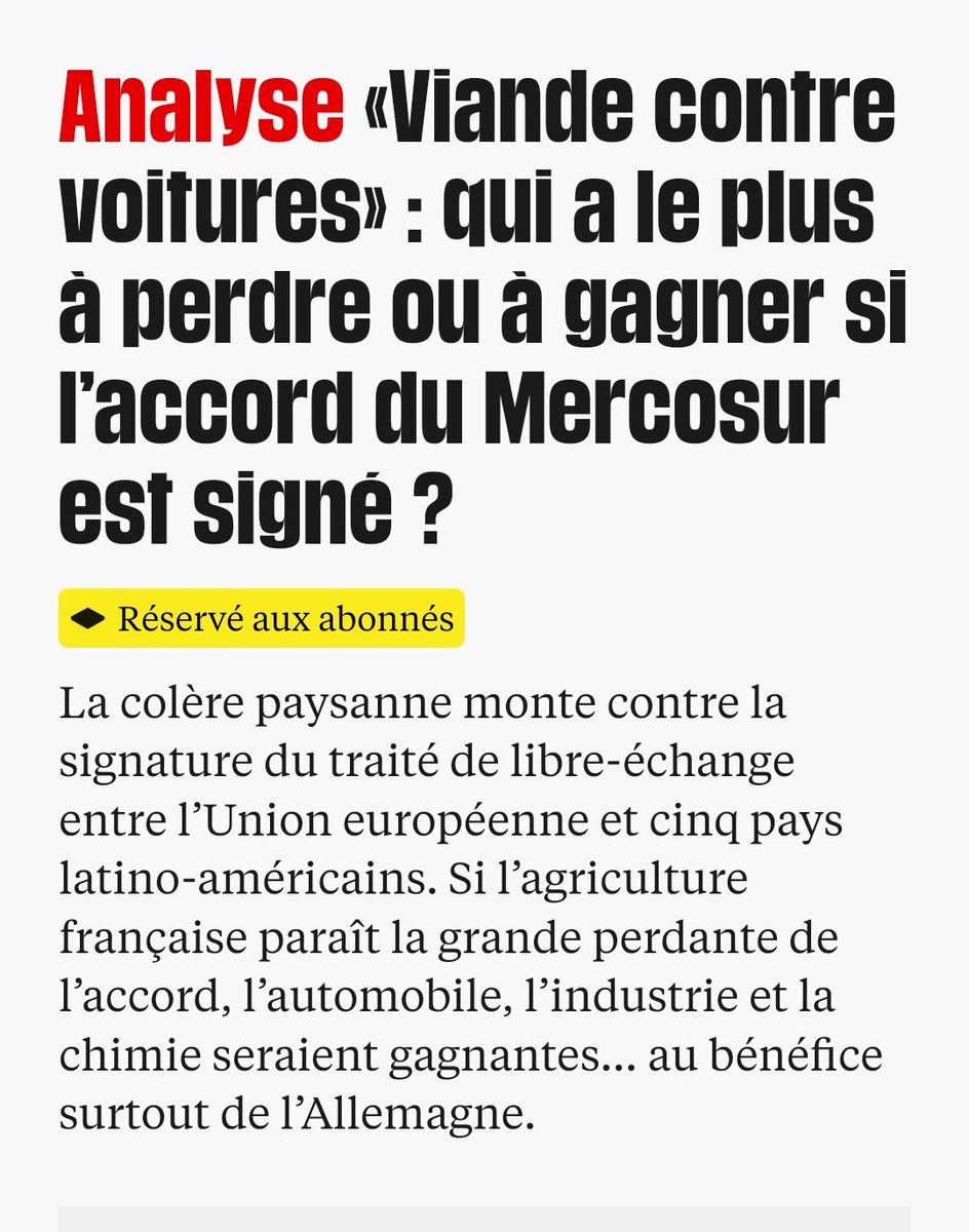 PChaibriant's tweet photo. Le surnom du Mercosur est 
"viande contre voitures".
Cet accord a été signé par et pour  l'Allemagne afin de booster la vente des voitures allemandes.
Ils ont sacrifié les agriculteurs français pour ça et maintenant l'industrie automobile allemande est en faillite concurrencée par la Chine.
Cette UE est dirigée par des crétins et soutenue par d'autres crétins qui refusent d'en sortir.
https://t.co/1G1aufTJqm