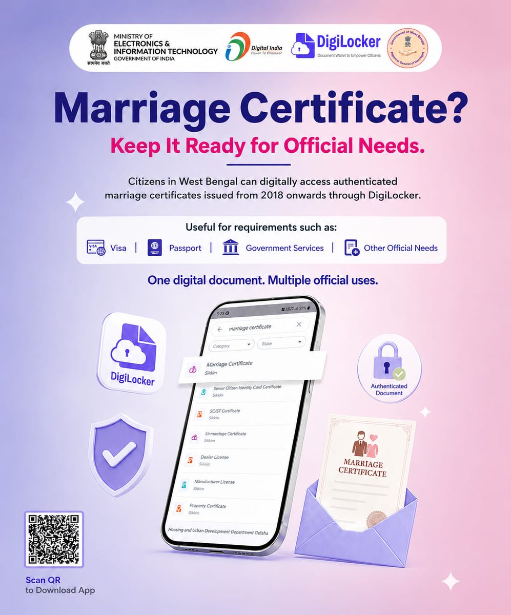 NeGD_GoI's tweet photo. Your marriage certificate, now just a tap away. 💍📲
Citizens in West Bengal can access authenticated marriage certificates issued from 2018 onwards through DigiLocker—ready for visas, passports, government services and other official needs.
#DigiLocker #DigitalIndia https://t.co/lLR5ng7QI2