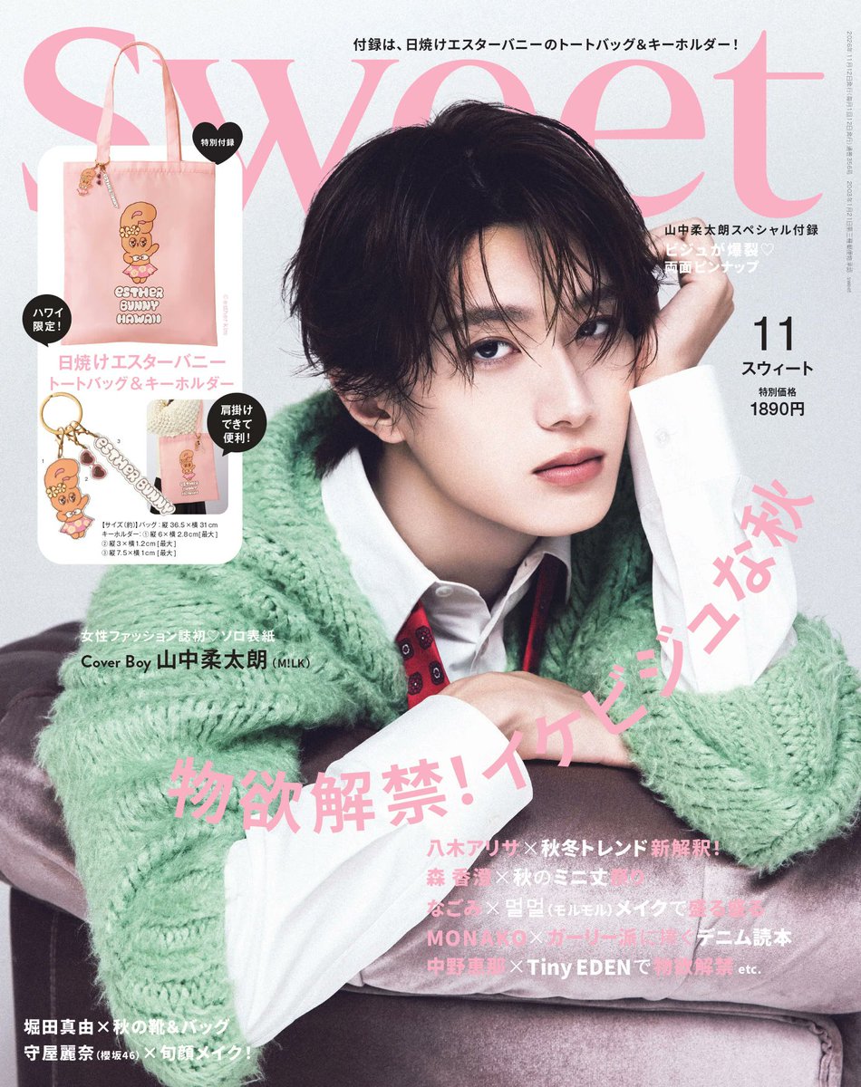 sweet_twjp's tweet photo. 山中柔太朗が初表紙♡ 付録は日焼けエスタバニー トートバッグ＆キーホルダー！sweet11月号の見どころはこちら https://t.co/4bIMeYcPPP https://t.co/XA5CYX5pDs
