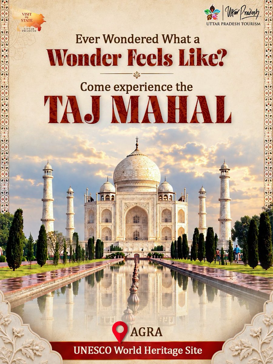 uptourismgov's tweet photo. The Taj Mahal: Agra’s Most Enduring Masterpiece

A remarkable expression of 16th-century architecture, the Taj Mahal is admired for its harmonious proportions, gleaming marble facade, intricate stone inlay and beautifully planned gardens. Its elegant domes, arches and minarets showcase the extraordinary craftsmanship of the artisans who shaped this iconic monument.

Recognised as a UNESCO World Heritage Site, the Taj Mahal continues to stand as one of India’s most celebrated architectural landmarks and a defining highlight of any journey through Agra.

#TajMahal #TajMahalAgra #Agra #AgraTourism #UttarPradeshTourism #UPTourism #IncredibleIndia #IncredibleIndiaTourism

@narendramodi @myogiadityanath @gssjodhpur @jaiveersingh099 @ASIGoI @UNESCO @amritabhijatias @UPGov @MinOfCultureGoI @tourismgoi @incredibleindia @CMOfficeUP @MEAIndia