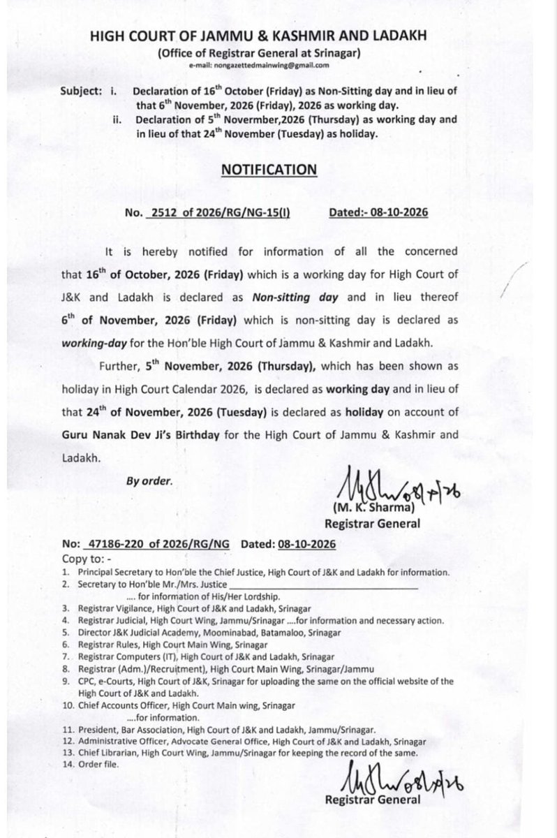 GulistanNewsTV's tweet photo. The High Court of Jammu & Kashmir and Ladakh has issued a notification swapping working days and holidays for late 2026.
#JammuAndKashmir #HighCourt #Ladakh #Holidays #WorkingDays https://t.co/YSf5dwgpzK