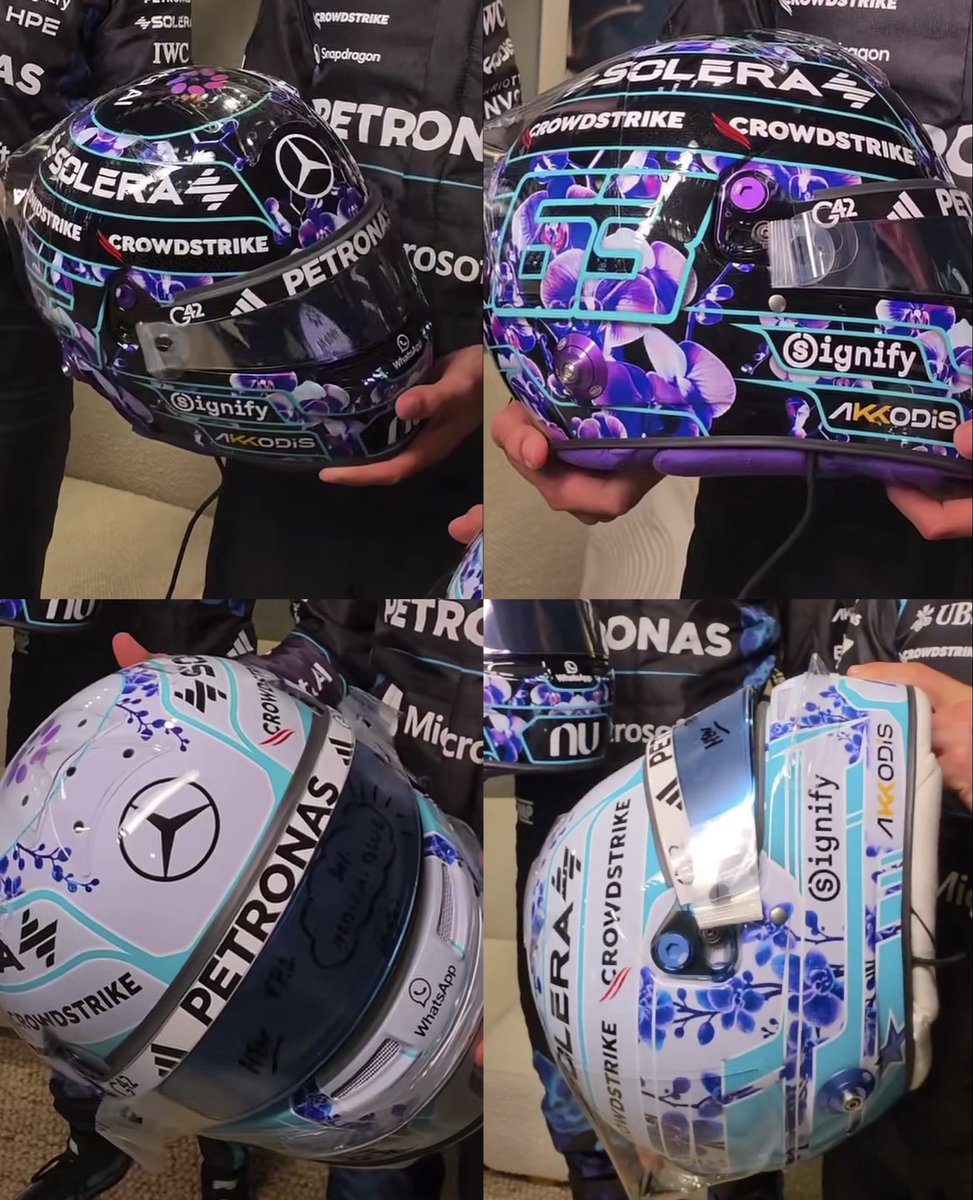 MercedesAMGPCF1's tweet photo. George and Kimi’s special helmets for this weekend 

🇸🇬💜✨ https://t.co/y2MP9TGPUf