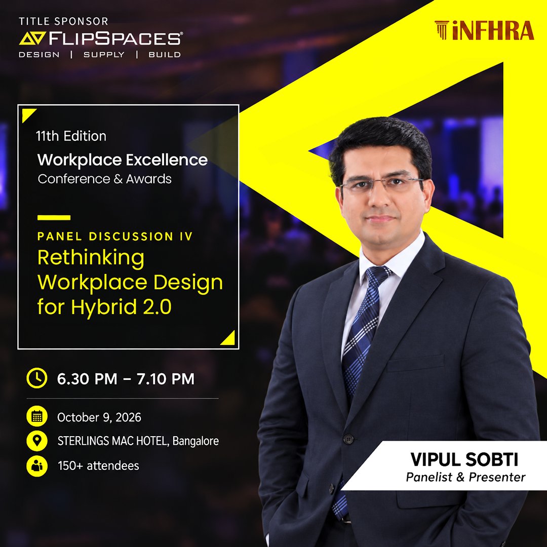 Flipspaces's tweet photo. At the 11th INFHRA Workplace Excellence Conference &amp; Awards, Vipul Sobti, Global Head of Growth &amp; Partnerships at Flipspaces, joins the conversation on Rethinking Workplace Design for Hybrid 2.0.

📅 9 Oct | 🕡 6:30 PM
📍 Bangalore

#HybridWork #INFHRA #Flipspaces https://t.co/QtUDUNPGmf