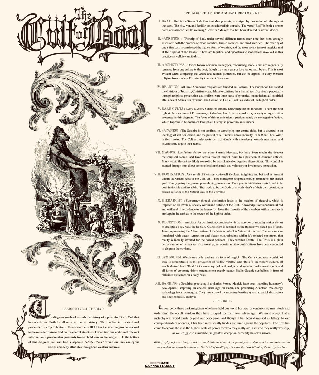 ExposingEvil704's tweet photo. THE CULT OF BAAL:

Since the year 4,000 B.C., the Earth has been under under the influence and control of a small isolated group of elite death-cultists, who have successfully infiltrated and taken over every branch of our society, and who trace their founding roots back to the ancient fertility-cults of Canaan.