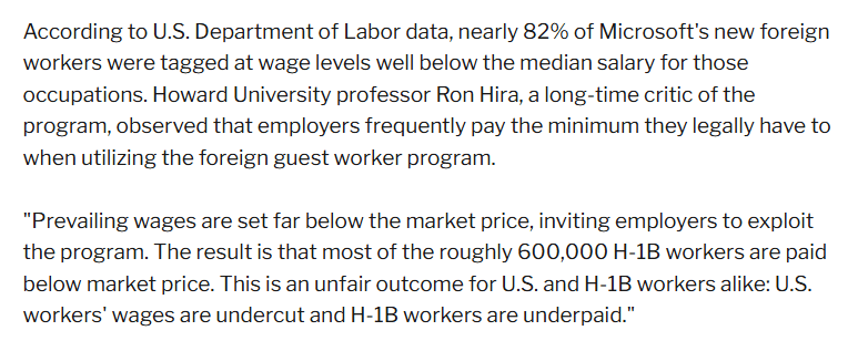 A plain white image containing two paragraphs of dark text about Microsoft foreign workers, H-1B wages, and comments by Howard University professor Ron Hira.