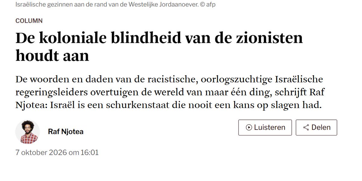 mboudry's tweet photo. Beste kranten, wat is eigenlijk nog het nut van columns en opiniestukken die elke dag, op licht verschillende wijze, dezelfde riedel voor de lezer herhalen: “Israël/zionisme is kwaadaardig”?

Tegen wie zijn ze eigenlijk gericht? De lezer krijgt toch nooit een antwoord van de andere kant, laat staan een interview met een dissidente wetenschapper. Inzendingen die een ander perspectief bieden, worden stelselmatig geweigerd. Ik heb het zelf vaak geprobeerd, ook deze week nog naar aanleiding van 7 oktober. Allemaal geweigerd. 

Tegen wie zijn deze mensen dan nog aan het argumenteren? Wat voor “debat” is dit eindeloze gegalm in de eigen echokamer? Welke boodschap heeft de lezer daar uiteindelijk nog aan?

Zelfs over de oorlog in Oekraïne lees je af en toe dissidente stemmen, die de schuld bij de NAVO leggen, voor onderhandelingen met Poetin pleiten, enzovoort. Meestal ben ik het daar totaal mee oneens. Maar op zijn minst heb je dan nog een tegensprekelijk debat, waarin je ook de argumenten van de andere kant leert kennen.

Over Israël heb je... niets. Er zijn eindeloze interviews met anti-zionisten (liefst Joden) die Israël op alle mogelijke manieren in de banvloek slaan. Maar tegenstemmen als John Spencer, Norman Goda, Joël Kotek, Steven Pinker of Benny Morris komen NOOIT aan het woord. Niet in opiniestukken, niet in interviews, gewoon helemaal niet. 

Eerlijk, ik heb dit nog nooit meegemaakt, in geen enkel ander debat. Natuurlijk, er is vaak een overwicht aan standpunten in deze of gene richting. Maar de mate van verstikking en blikvernauwing is hier echt van een andere orde.