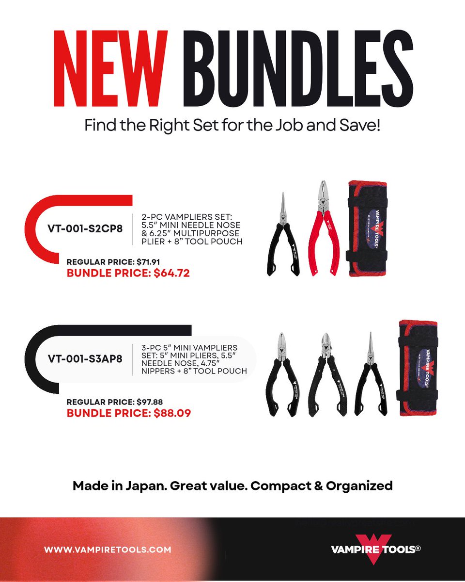 Vampire_Tools's tweet photo. Introducing our NEW VamPLIERS Bundles 

Made in Japan. Compact &amp; organized. 

https://t.co/OaElKBe9lB

https://t.co/Sn59BByPCc

#electronicsrepair #electronics #electronicsproject #electronicsolution #electronicsengineering #electronicsstore #electronicshop https://t.co/bbE5vvfqdi