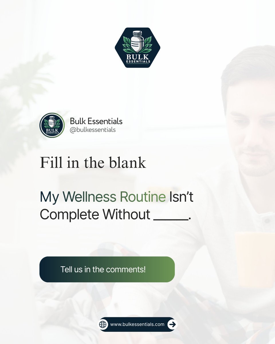 Bulk_Essentials's tweet photo. Whatโs one thing your wellness routine canโt go without? ๐ฟโจ
๐ง Morning hydration
๐ Daily supplements
๐ Exercise
๐ด Quality sleep
๐ง A moment to unwind
๐ฌ Fill in the blank: โMy wellness routine isnโt complete without _____.โ
#BulkEssentials #WellnessRoutine #HealthyHabits https://t.co/fuJOGN9LcQ