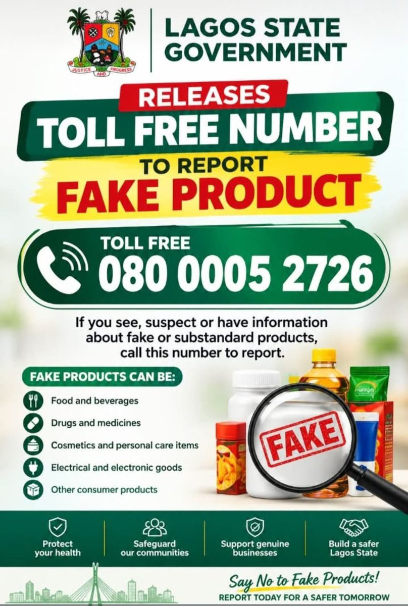 Sistaliano's tweet photo. Lagos is seriously clamping down on those producing fake and substandard products.

If you see, suspect, or have any information about fake or substandard products, call this number to report them. https://t.co/S5yROHPFPb