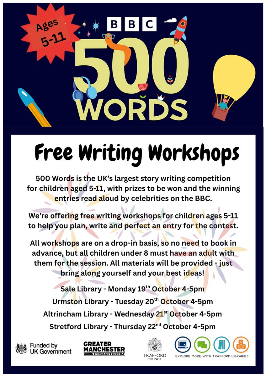 TraffLibraries's tweet photo. 🚀 Calling all young storytellers! The BBC’s 500 Words Writing Contest—the UK’s biggest competition for children aged 5-11—launches this week! ✍️✨ To help you craft your winning story, we’re hosting FREE after-school writing workshops at Trafford Libraries. https://t.co/K5FRJsOWzl