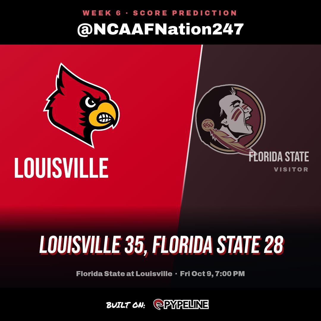 NCAAFNation247's tweet photo. Week 6 Prediction

Louisville 35
Florida State 28

#ACC https://t.co/hUl1ThStBf